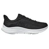 Black HOKA running shoe with a woven upper and white cushioned sole, designed for comfort and performance.