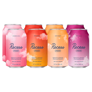 Recess Mood cans in strawberry rose, blood orange, peach ginger, and black cherry flavors, each infusing magnesium and adaptogens in sparkling water, 12 fl oz (355 ml) each.