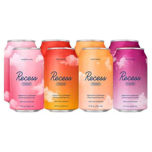 Recess Mood cans in strawberry rose, blood orange, peach ginger, and black cherry flavors, each infusing magnesium and adaptogens in sparkling water, 12 fl oz (355 ml) each.
