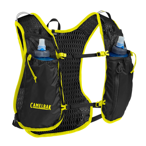 A lightweight running vest from CamelBak with bright yellow trim and breathable mesh design, featuring front pockets holding two blue water bottles.