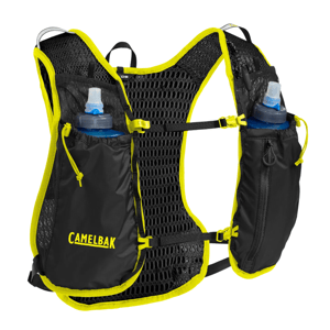 A lightweight running vest from CamelBak with bright yellow trim and breathable mesh design, featuring front pockets holding two blue water bottles.