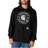 A person is wearing a black Carhartt hoodie with a \“Carhartt Detroit, MI\“ graphic, paired with blue jeans.