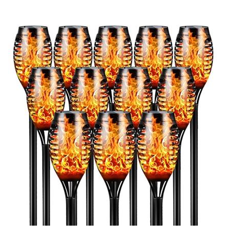 Twelve black stick solar-powered LED lights with flame simulation housed in tulip-shaped clear plastic enclosures, designed to mimic traditional tiki torches.