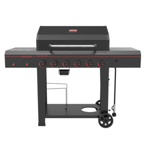 A Megamaster gas grill featuring five control knobs, a side burner, wheels for mobility, and a storage area below.