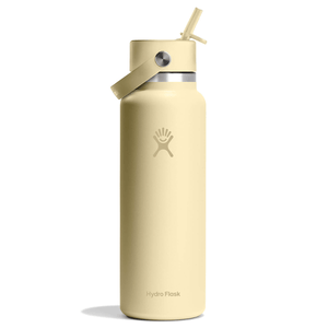 A beige Hydro Flask water bottle with a straw lid and carrying strap.