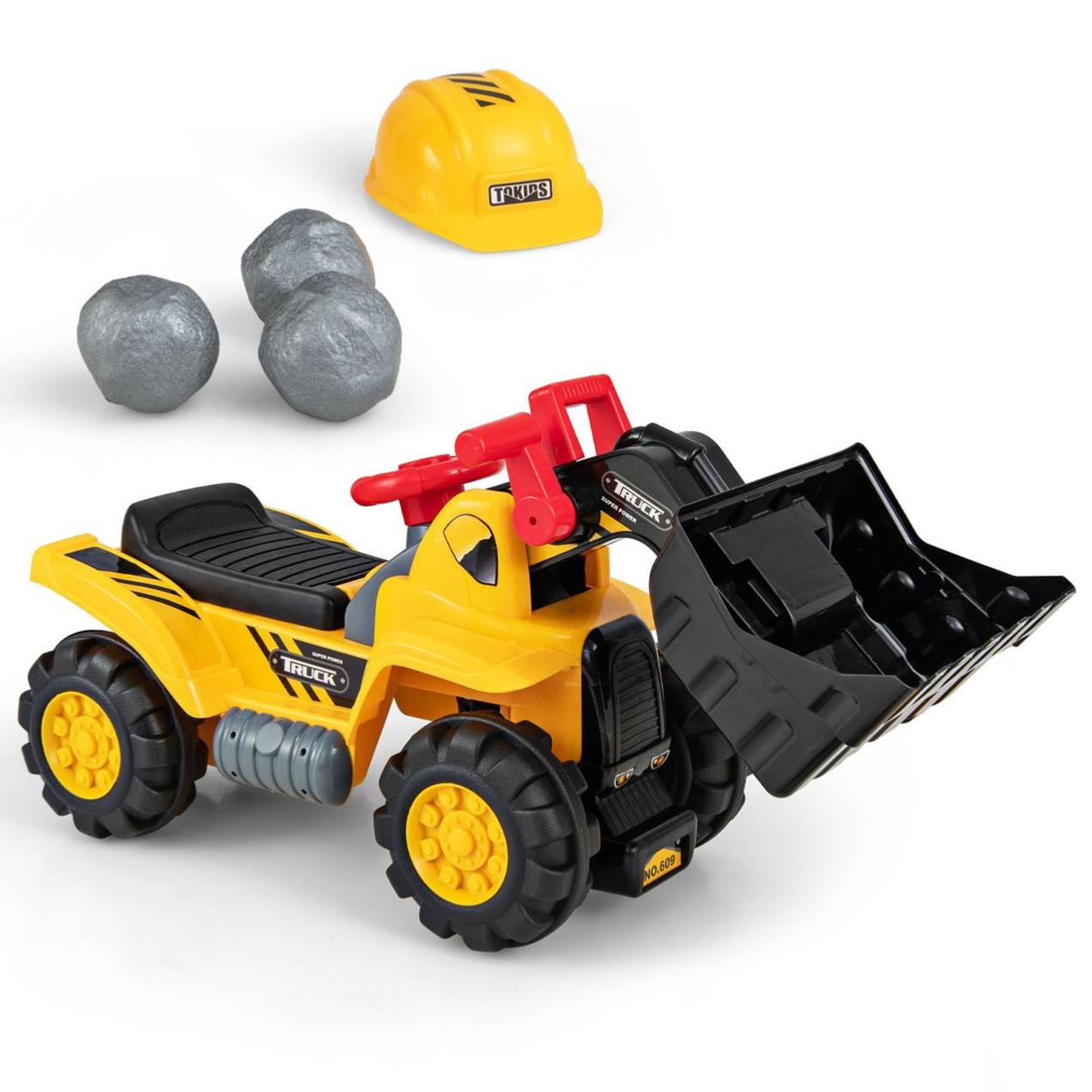 Yellow toy construction truck with a black bucket, three toy rocks, and a yellow toy hard hat, featuring \“TRUCK\“ branding.