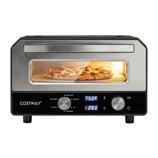 Compact pizza oven with digital controls and preset modes, designed for various pizza styles like Neapolitan and New York. Brand: Costway.