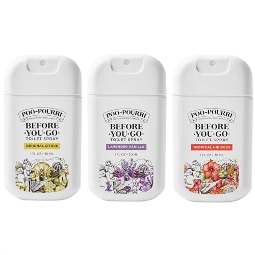 Three Poo-Pourri Before-You-Go Toilet Sprays are shown in 1 fl oz bottles, featuring Original Citrus, Lavender Vanilla, and Tropical Hibiscus scents.