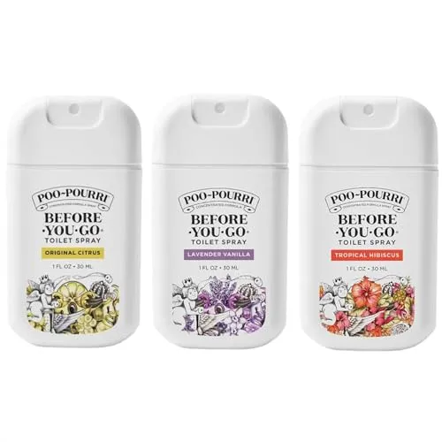 Three Poo-Pourri Before-You-Go Toilet Sprays are shown in 1 fl oz bottles, featuring Original Citrus, Lavender Vanilla, and Tropical Hibiscus scents.