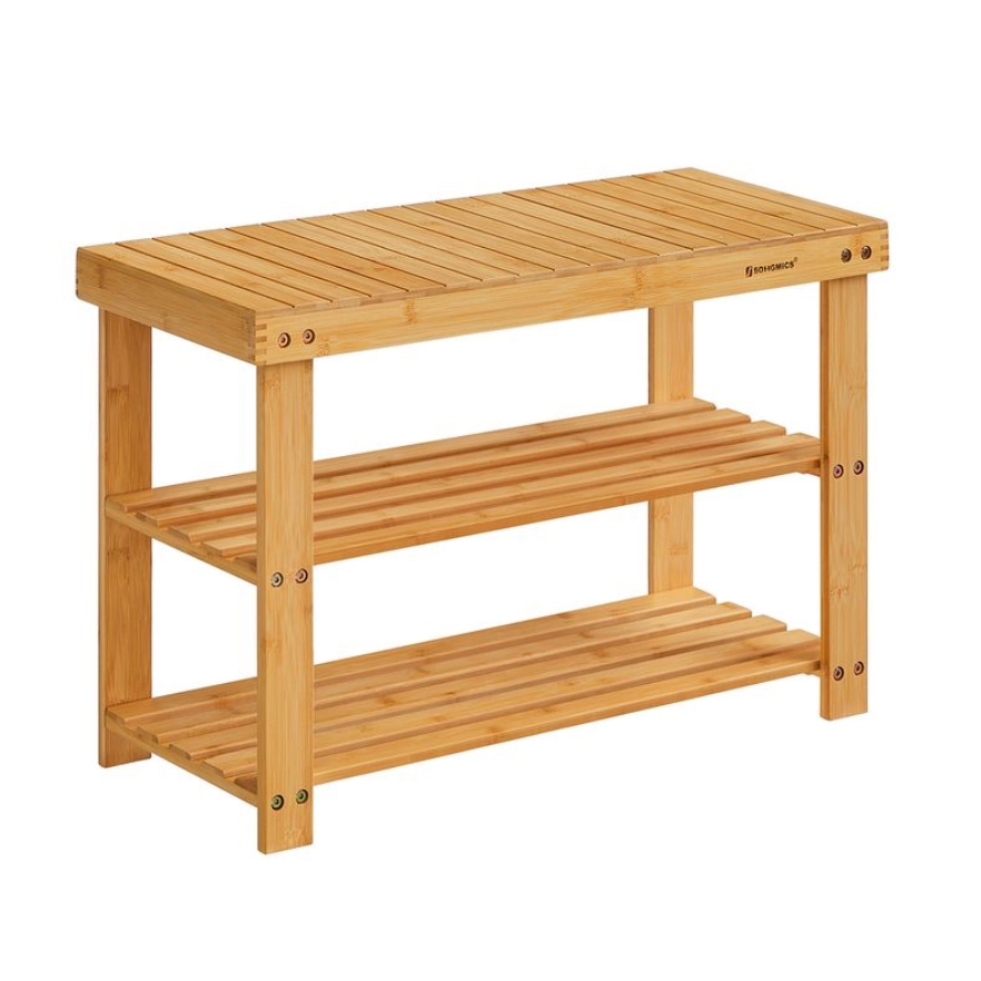 A bamboo shoe bench with dimensions of 28 inches in length, featuring three slatted tiers for shoe storage. The natural wood finish provides a simple and functional design.