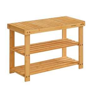A bamboo shoe bench with dimensions of 28 inches in length, featuring three slatted tiers for shoe storage. The natural wood finish provides a simple and functional design.