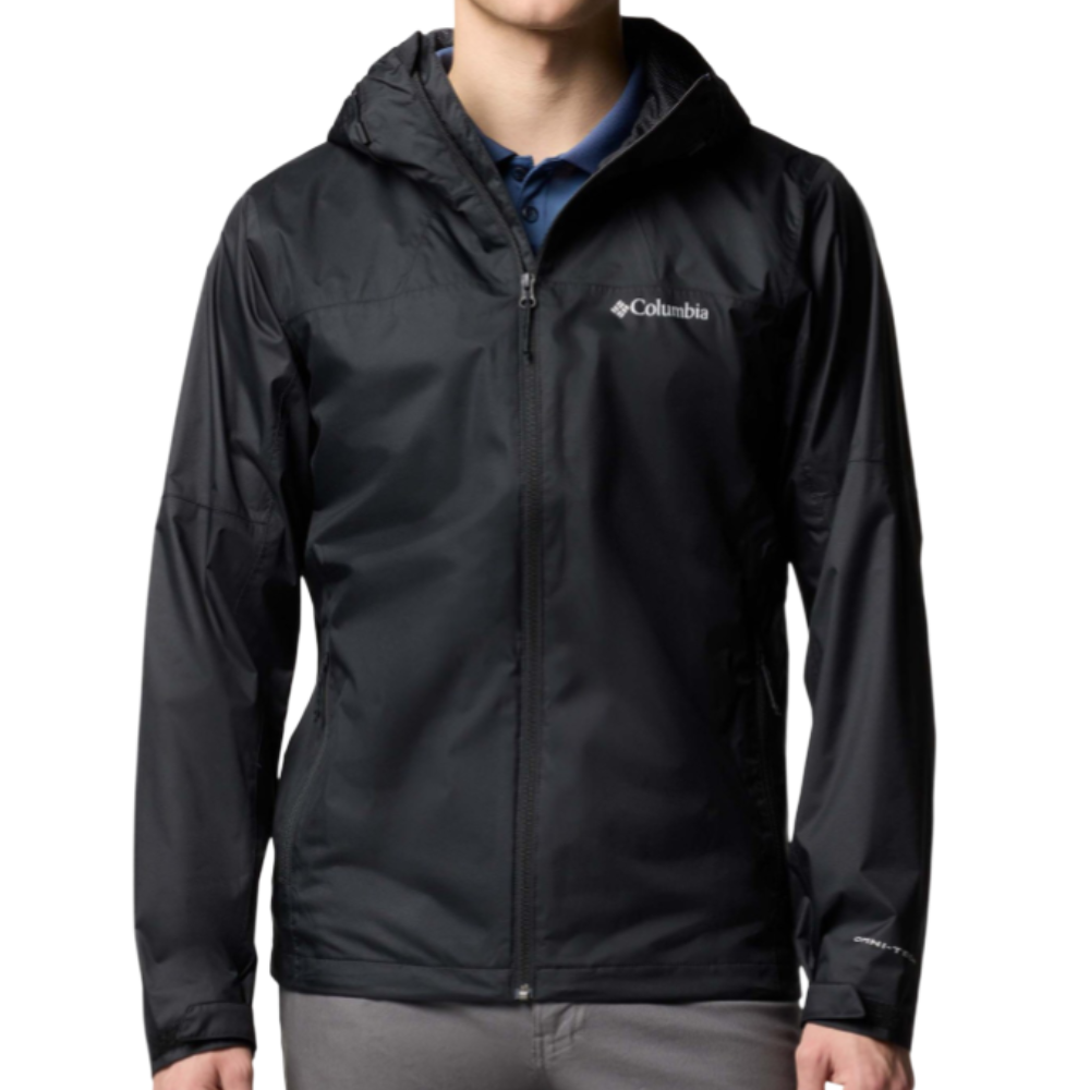 A black Columbia hooded jacket with a zip-front and the brand logo on the chest, suitable for outdoor use.