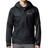 A black Columbia hooded jacket with a zip-front and the brand logo on the chest, suitable for outdoor use.