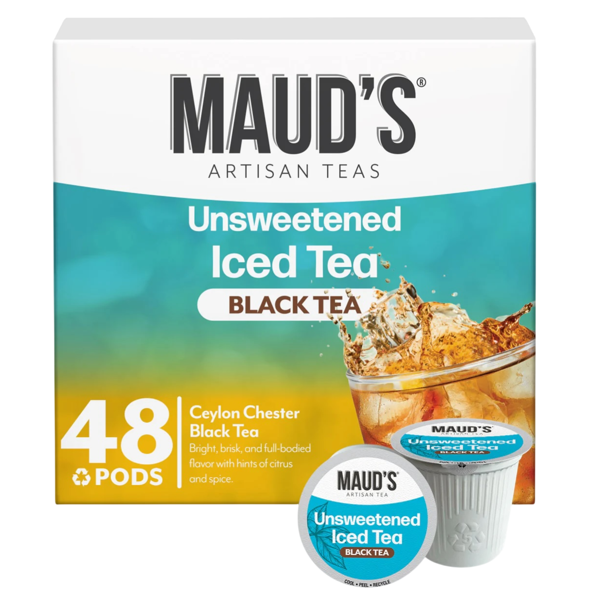 Box of Maud's Artisan Teas Unsweetened Iced Black Tea pods, featuring 48 pods of Ceylon Chester Black Tea with bright, brisk, and full-bodied flavor with hints of citrus and spice.