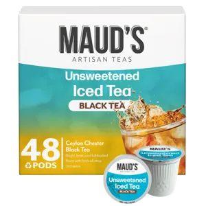 Box of Maud's Artisan Teas Unsweetened Iced Black Tea pods, featuring 48 pods of Ceylon Chester Black Tea with bright, brisk, and full-bodied flavor with hints of citrus and spice.