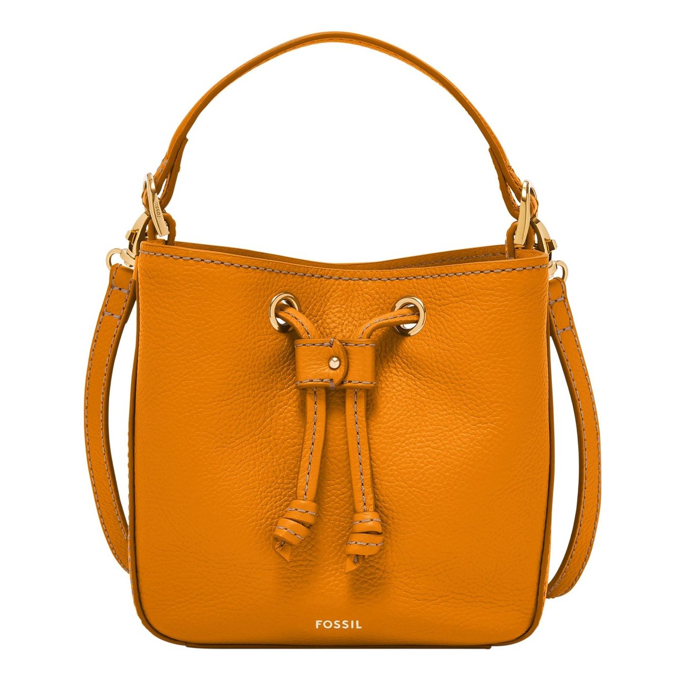 A mustard yellow leather bucket crossbody bag by Fossil features a drawstring closure with tassels, a single handle, adjustable shoulder strap, and the brand's logo on the front.