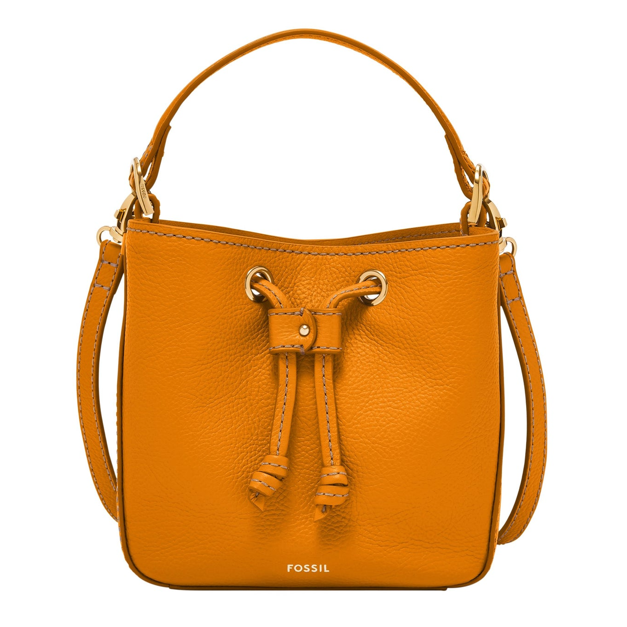 A mustard yellow leather bucket crossbody bag by Fossil features a drawstring closure with tassels, a single handle, adjustable shoulder strap, and the brand's logo on the front.