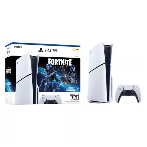 A PlayStation 5 console bundle featuring Fortnite, including the console, a DualSense controller, and themed packaging with Fortnite imagery.