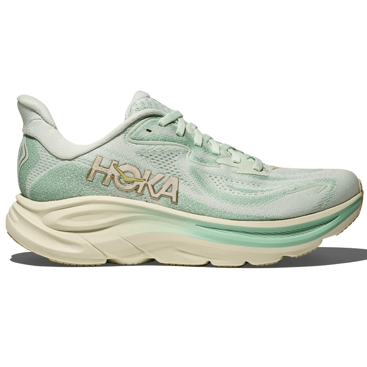 Light green Hoka running shoe featuring a cushioned sole and lace-up design with the Hoka logo on the side.