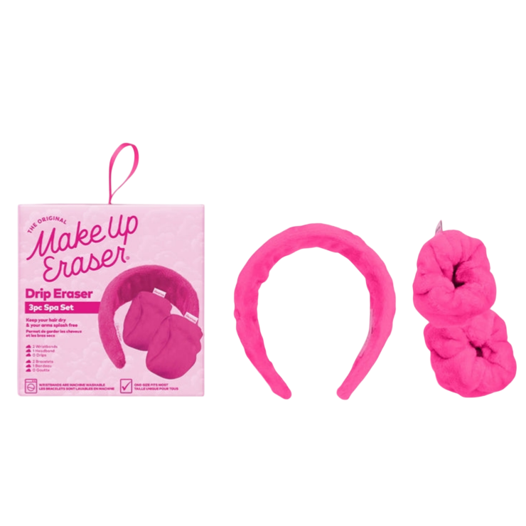 A pink three-piece spa set from MakeUp Eraser includes a plush headband and two scrunchies designed to keep hair dry and face splash-free.