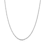 A silver rope chain necklace with a twisted design, featuring a reflective finish.
