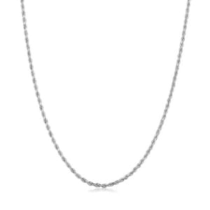 A silver rope chain necklace with a twisted design, featuring a reflective finish.