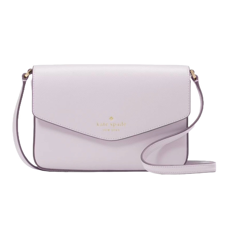 A light purple crossbody bag with a flap closure and a strap, featuring the Kate Spade New York logo in gold lettering.