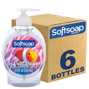Softsoap Liquid Hand Soap, 6-pack, features transparent bottles, each containing 7.5 fl oz (221 mL) of soap. The labels display an image of a clownfish amidst pink sea anemones.