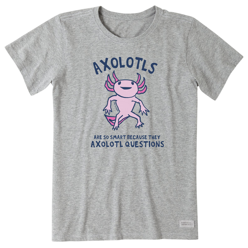Gray T-shirt featuring a cartoon axolotl with the text \“Axolotls are so smart because they axolotl questions.\“