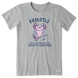 Gray T-shirt featuring a cartoon axolotl with the text \“Axolotls are so smart because they axolotl questions.\“