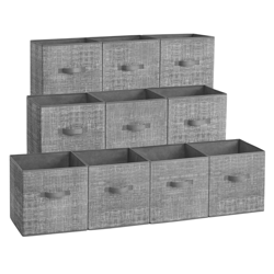 A set of gray fabric storage cubes with handles arranged in three tiers, featuring a textured design.