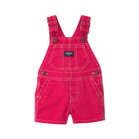 Red denim overalls for children with adjustable straps, featuring a front chest pocket and side button details.