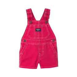 Red denim overalls for children with adjustable straps, featuring a front chest pocket and side button details.