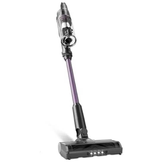 A cordless stick vacuum cleaner with a transparent dustbin and LED lights on the floor head, featuring a purple and black design.