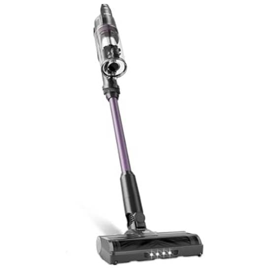 A cordless stick vacuum cleaner with a transparent dustbin and LED lights on the floor head, featuring a purple and black design.