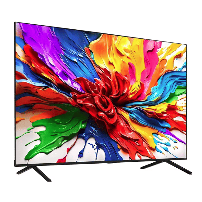 A flat-screen television with a colorful, abstract design displayed on the screen. It features a slim frame and two stand legs.