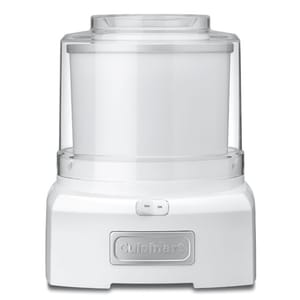 Cuisinart Ice Cream Maker with a simple design features a white base, an on/off switch, and a clear lid. It is compact and suitable for making ice cream, frozen yogurt, or sorbet at home.
