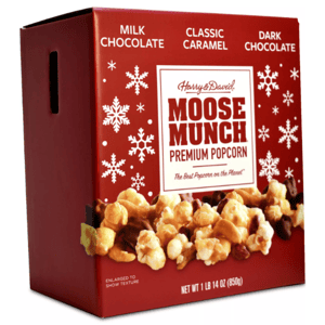 Harry & David Moose Munch Premium Popcorn package featuring milk chocolate, classic caramel, and dark chocolate flavors, net weight 1 lb 14 oz (850g).