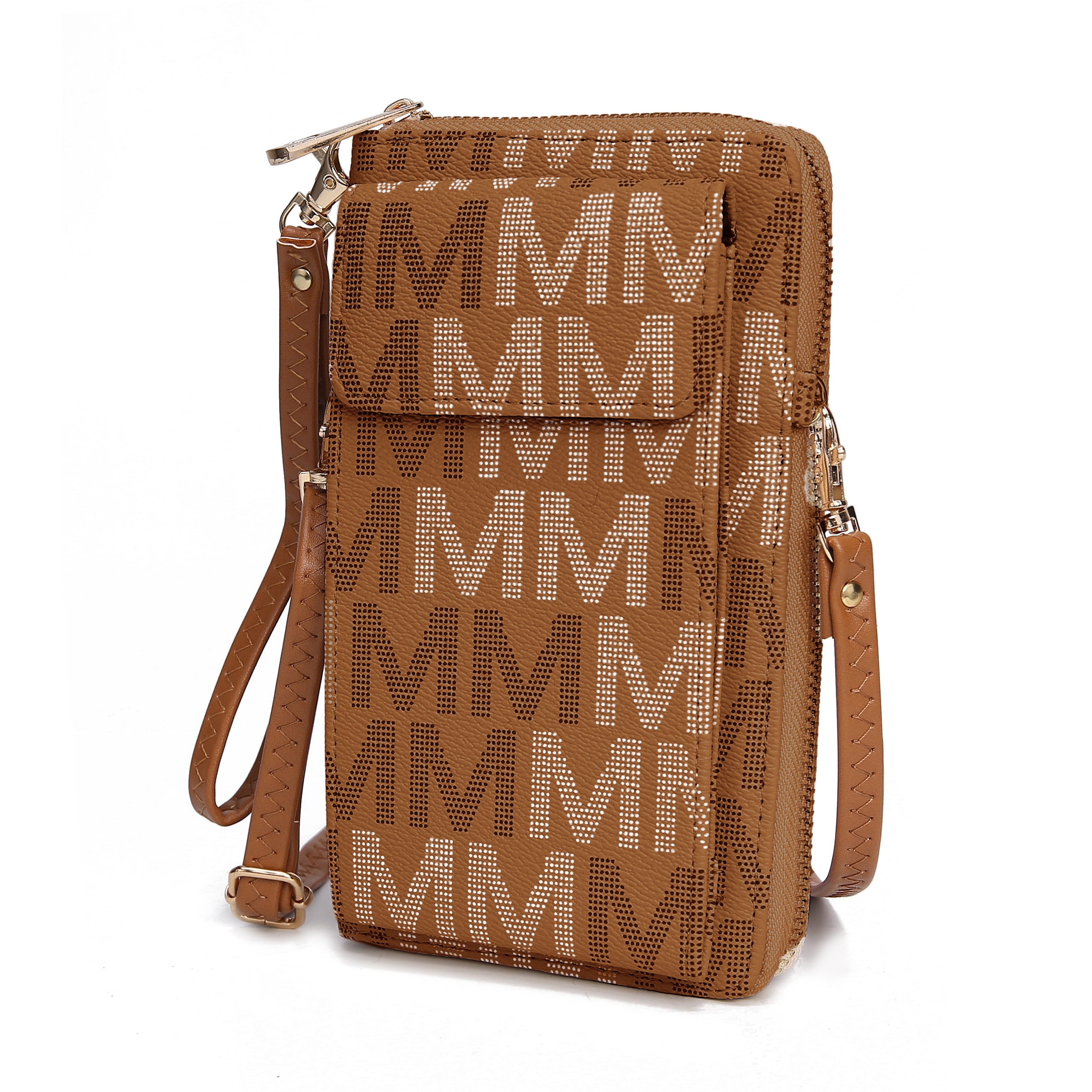 Brown crossbody bag with multiple \“M\“ prints, featuring a detachable strap and front flap pocket with zipper closure.