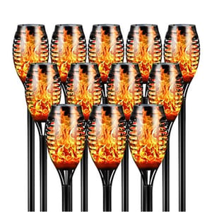 12-pack of solar-powered LED tiki torches featuring a black design with a flickering flame effect, ideal for outdoor lighting and ambiance.