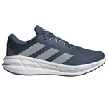 A dark blue athletic shoe with grey stripes, featuring a cushioned, white Cloudfoam sole for comfort.
