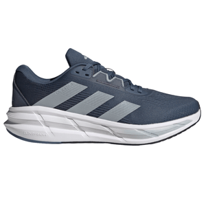 A dark blue athletic shoe with grey stripes, featuring a cushioned, white Cloudfoam sole for comfort.