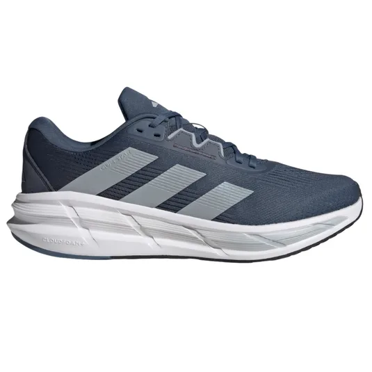 A dark blue athletic shoe with grey stripes, featuring a cushioned, white Cloudfoam sole for comfort.