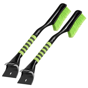 Two snow brushes with green bristles and black handles, featuring rubber grip sections for handling, and ice scrapers on the opposite ends.