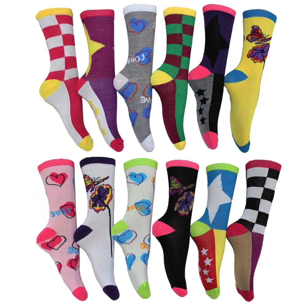 A collection of colorful socks featuring various patterns such as stripes, stars, hearts, butterflies, and checkers. Each pair has distinct color combinations like red, pink, yellow, blue, and green.