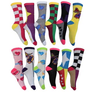 A collection of colorful socks featuring various patterns such as stripes, stars, hearts, butterflies, and checkers. Each pair has distinct color combinations like red, pink, yellow, blue, and green.