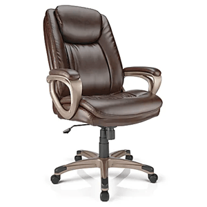 A brown leather office chair with padded armrests, high back, and adjustable height, featuring a five-star base with caster wheels.