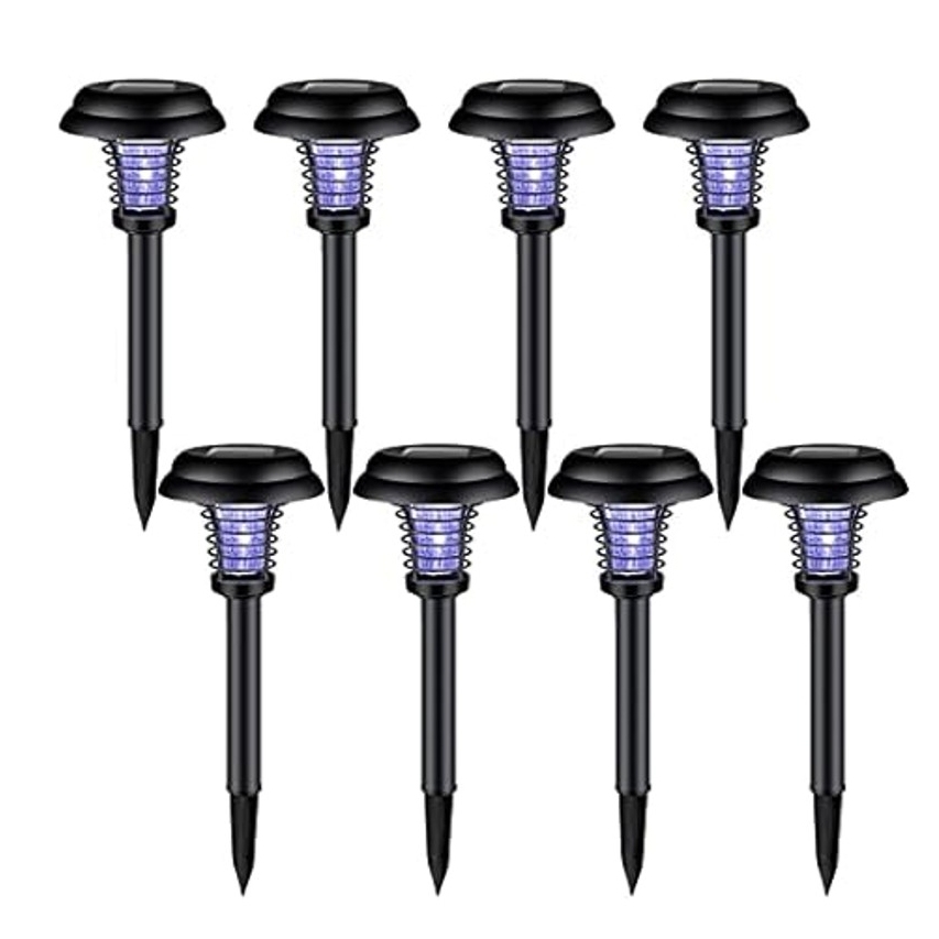 8-pack of solar-powered bug zapper pathway lights, featuring black stakes and grilles with a blue light core. Designed for outdoor use to illuminate and repel insects along pathways.