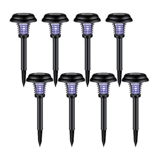 8-pack of solar-powered bug zapper pathway lights, featuring black stakes and grilles with a blue light core. Designed for outdoor use to illuminate and repel insects along pathways.