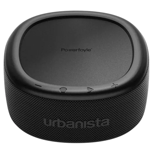 Urbanista wireless speaker with Powerfoyle solar charging technology, featuring control buttons on top and a textured black exterior.